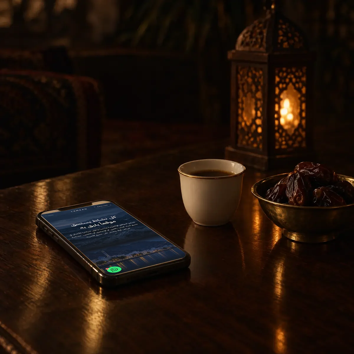 موقع لمعان معروضاً على هاتف بجانب القهوة والتمر