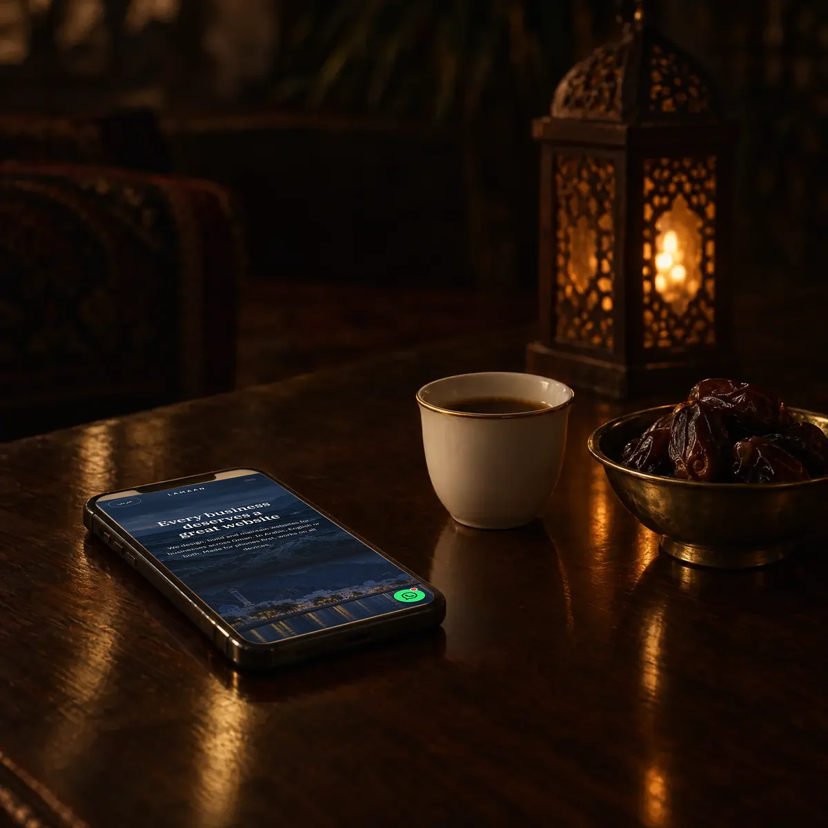 The Lamaan website open on a phone beside coffee and dates